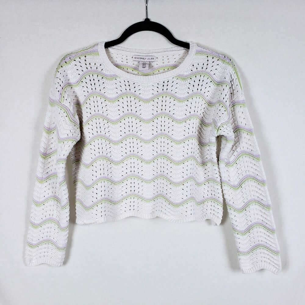 Sincerely Jules Pointelle Sweater Womens XS Soft Girl Cottage Coastal Wavy White
